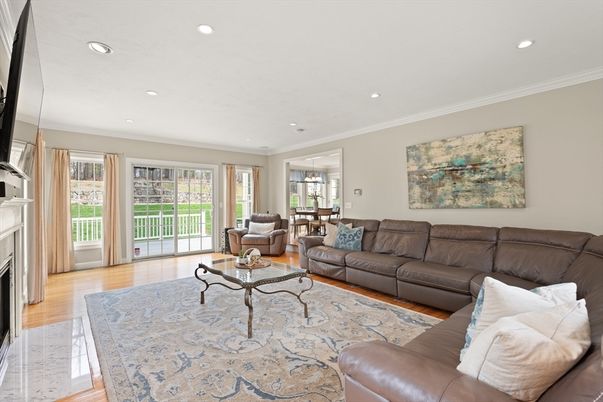 Dining room, Fireplace, Interior, Living room, Recessed Lighting, Wood Texture Flooring