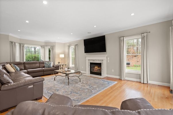 Fireplace, Interior, Living room, Recessed Lighting, Wood Texture Flooring