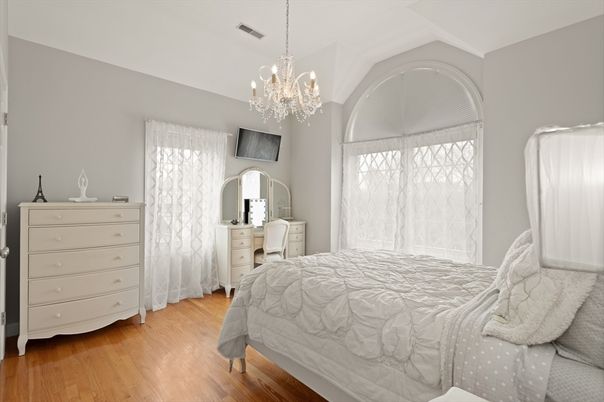 Bedroom, Chandelier, Interior, Wood Texture Flooring