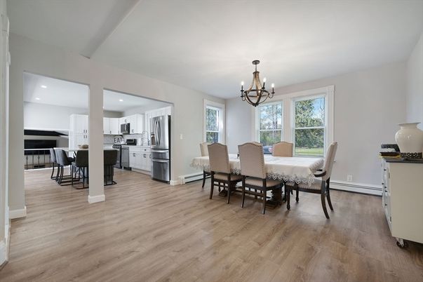 Chandelier, Dining room, Interior, Kitchen, Recessed Lighting, Stainless Steel Appliances, Wood Texture Flooring