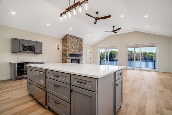 Fireplace, Interior, Kitchen, Recessed Lighting, Wood Texture Flooring