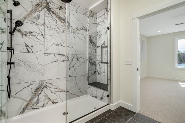 Bathroom, Glass Shower, Interior, Marble Walls, Recessed Lighting