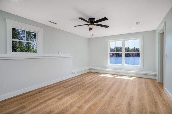 Empty room, Interior, Recessed Lighting, Water, Wood Texture Flooring