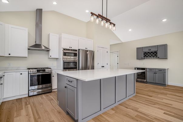 Interior, Kitchen, Pendant Lights, Recessed Lighting, Stainless Steel Appliances, Wood Texture Flooring