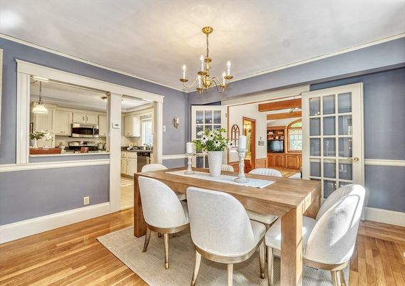 Chandelier, Dining room, Interior, Kitchen, Pendant Lights, Stainless Steel Appliances, Wood Texture Flooring