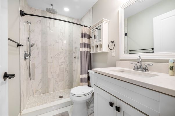 Bathroom, Glass Shower, Interior, Marble Walls, Recessed Lighting
