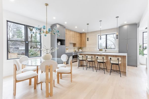 Dining room, Interior, Kitchen, Pendant Lights, Recessed Lighting, Wood Texture Flooring
