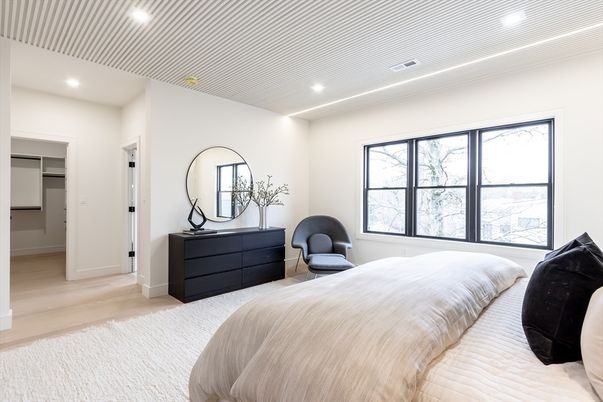 Bedroom, Interior, Recessed Lighting, Wood Texture Flooring