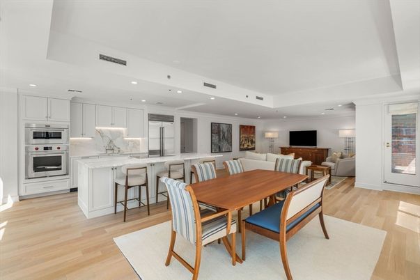 Dining room, Interior, Kitchen, Living room, Recessed Lighting, Stainless Steel Appliances, Wood Texture Flooring