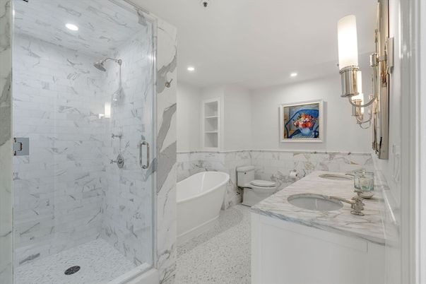 Bathroom, Dual Sink Vanities, Free Standing Baths, Glass Shower, Interior, Marble, Marble Walls, Recessed Lighting