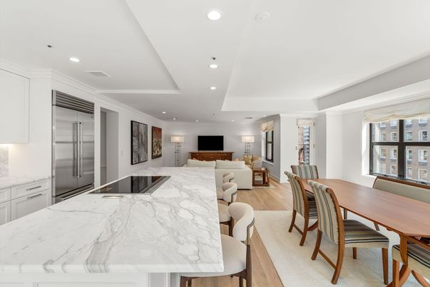 Dining room, Interior, Kitchen, Recessed Lighting, Stainless Steel Appliances, Wood Texture Flooring