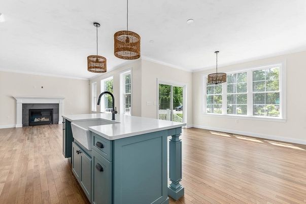 Fireplace, Interior, Kitchen, Pendant Lights, Wood Texture Flooring