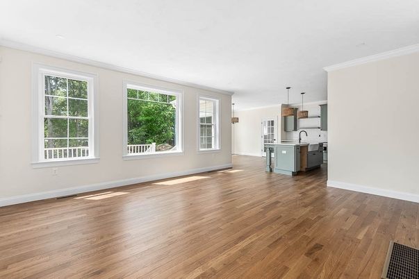 Empty room, Interior, Kitchen, Pendant Lights, Wood Texture Flooring