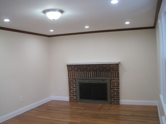 Empty room, Fireplace, Interior, Recessed Lighting, Wood Texture Flooring