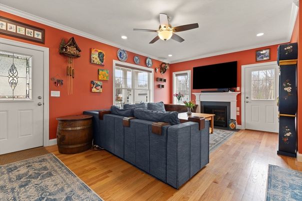 Fireplace, Interior, Living room, Recessed Lighting, Wood Texture Flooring