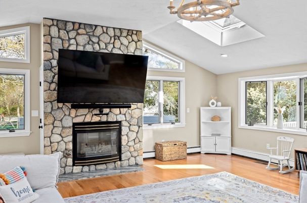 Fireplace, Interior, Pendant Lights, Recessed Lighting, Stone Walls, Wood Texture Flooring
