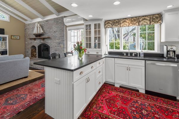 Fireplace, Interior, Kitchen, Recessed Lighting, Stone Walls, Wood Texture Flooring