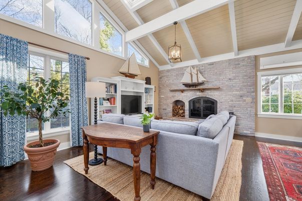 Fireplace, Interior, Living room, Pendant Lights, Stone Walls, Wood Texture Flooring