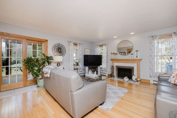 Fireplace, Interior, Living room, Recessed Lighting, Wood Texture Flooring