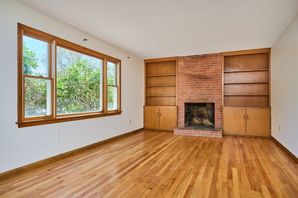 Empty room, Fireplace, Interior, Stone Walls, Wood Texture Flooring