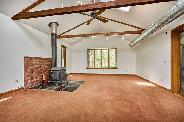 Empty room, Fireplace, Interior, Stone Walls, Wooden Beams