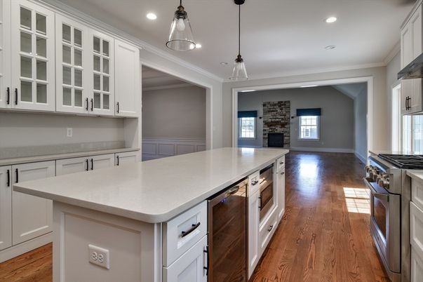 Fireplace, Interior, Kitchen, Pendant Lights, Recessed Lighting, Wood Texture Flooring