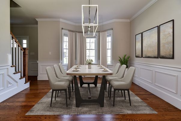 Dining room, Interior, Pendant Lights, Wood Texture Flooring