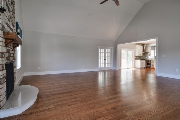Empty room, Fireplace, Interior, Kitchen, Wood Texture Flooring