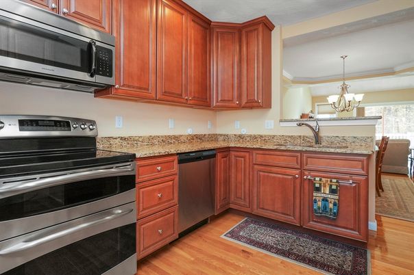 Chandelier, Interior, Kitchen, Stainless Steel Appliances, Wood Texture Flooring