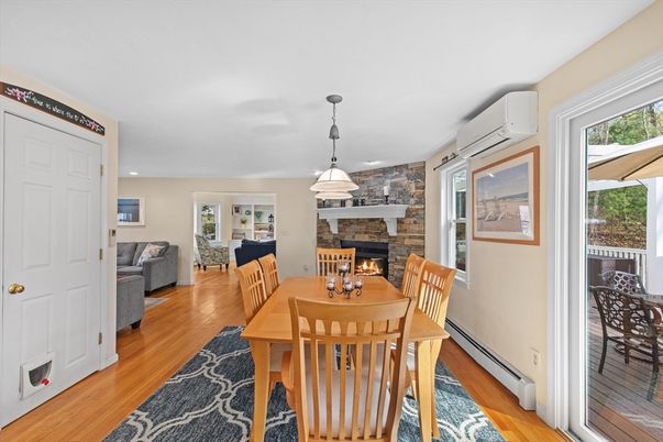 Dining room, Fireplace, Interior, Living room, Pendant Lights, Wood Texture Flooring
