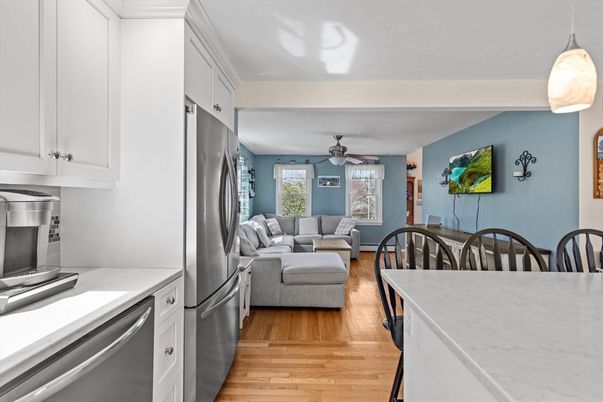 Dining room, Interior, Kitchen, Living room, Stainless Steel Appliances, Wood Texture Flooring