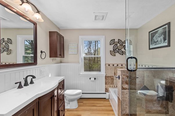 Bathroom, Glass Shower, Interior, Wood Texture Flooring