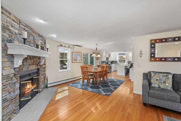Dining room, Fireplace, Interior, Kitchen, Pendant Lights, Recessed Lighting, Stone Walls, Wood Texture Flooring