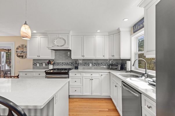 Interior, Kitchen, Pendant Lights, Recessed Lighting, Stainless Steel Appliances, Wood Texture Flooring
