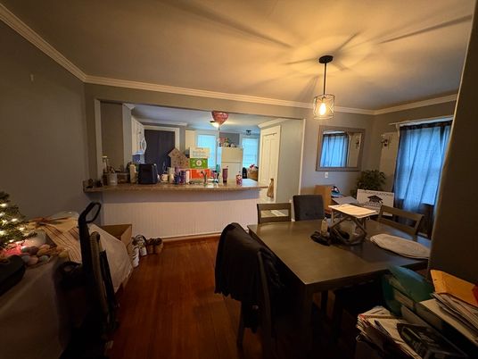 Dining room, Interior, Pendant Lights, Wood Texture Flooring
