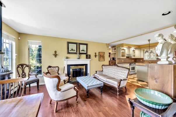 Dining room, Fireplace, Interior, Kitchen, Living room, Pendant Lights, Wood Texture Flooring