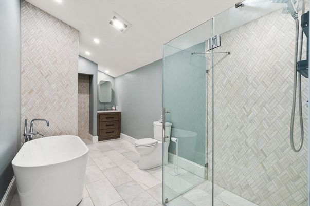 Bathroom, Free Standing Baths, Glass Shower, Interior, Recessed Lighting