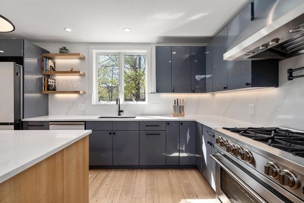 Interior, Kitchen, Recessed Lighting, Stainless Steel Appliances, Wood Texture Flooring
