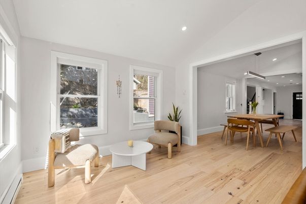 Dining room, Interior, Pendant Lights, Recessed Lighting, Wood Texture Flooring