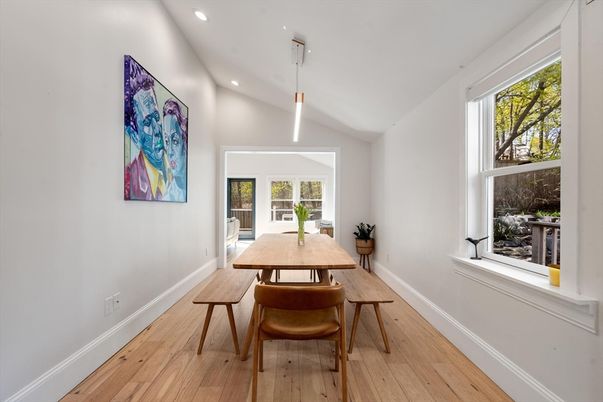Dining room, Interior, Pendant Lights, Recessed Lighting, Wood Texture Flooring