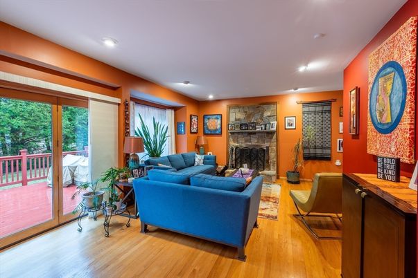 Fireplace, Interior, Living room, Recessed Lighting, Wood Texture Flooring