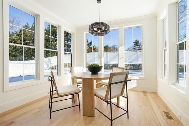 Dining room, Interior, Pendant Lights, Wood Texture Flooring