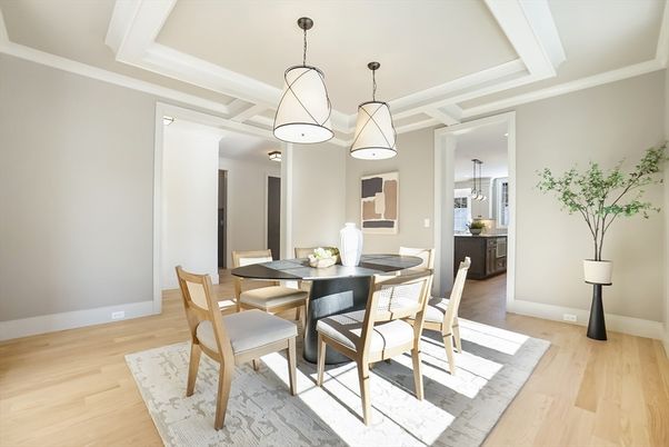 Dining room, Interior, Pendant Lights, Wood Texture Flooring