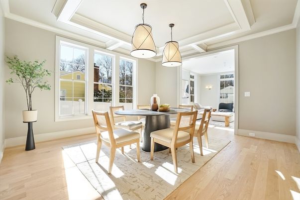 Dining room, Interior, Pendant Lights, Wood Texture Flooring