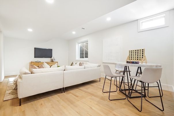 Dining room, Interior, Living room, Recessed Lighting, Wood Texture Flooring