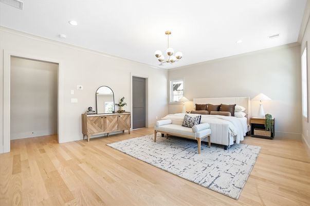 Bedroom, Interior, Pendant Lights, Recessed Lighting, Wood Texture Flooring