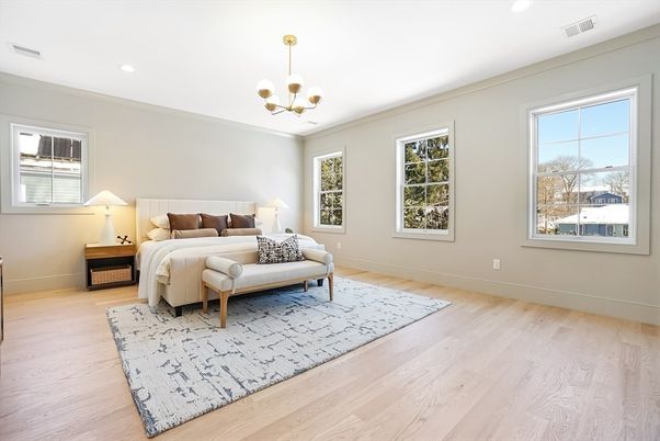 Bedroom, Interior, Pendant Lights, Recessed Lighting, Wood Texture Flooring
