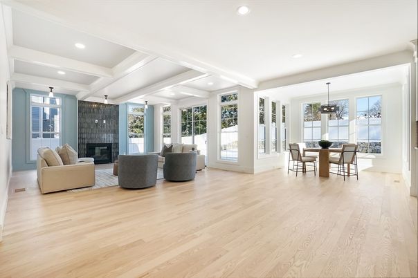 Dining room, Fireplace, Interior, Living room, Pendant Lights, Recessed Lighting, Wood Texture Flooring