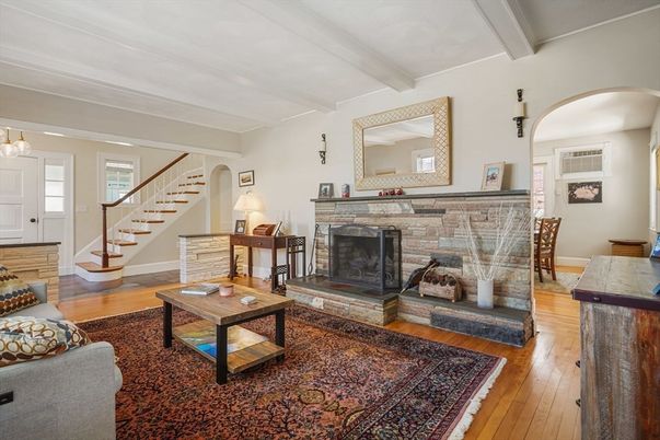 Fireplace, Interior, Living room, Pendant Lights, Wood Texture Flooring