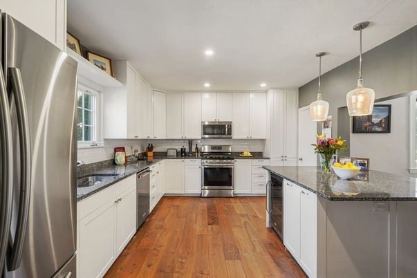 Interior, Kitchen, Pendant Lights, Recessed Lighting, Stainless Steel Appliances, Wood Texture Flooring